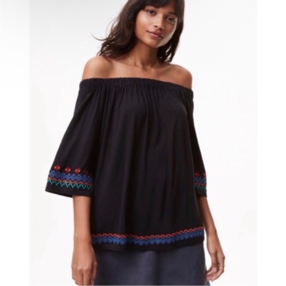 Ann Taylor Loft Off The Shoulder Embroidered Black Rayon Top Bohemian Peasant
